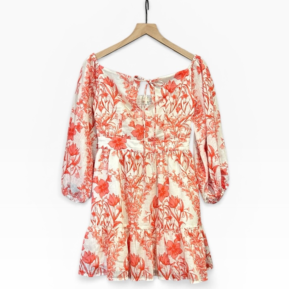 Parker Coral Print Bishop Sleeve Tiered Mini Dress Smocked Size Small